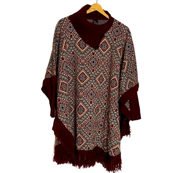 Arian & Shine Soft Wool Mock Neck Boho Poncho With Fringe - Picture 10 of 11